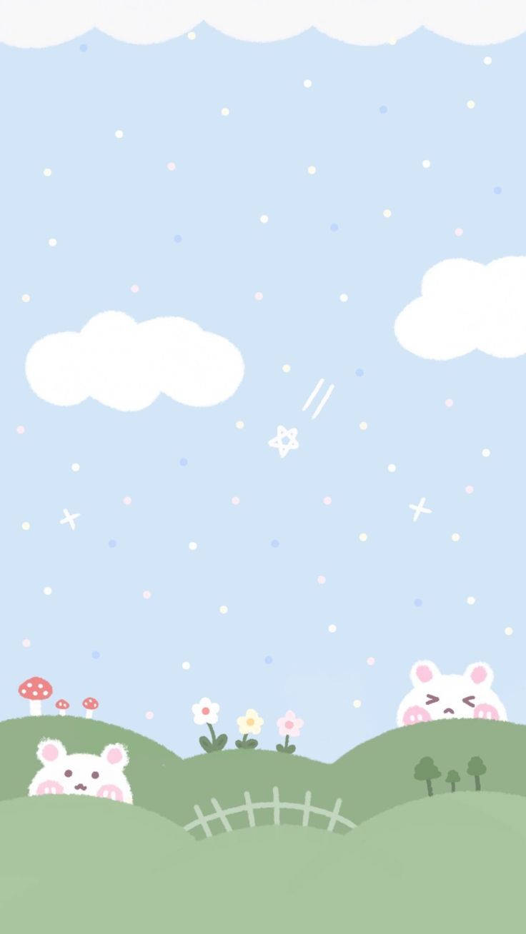 rabbits 桌布 壁紙 — 可愛的卡通兔子從綠色山丘中探出頭來，在柔和的藍天下，有蓬鬆的雲朵和流星。