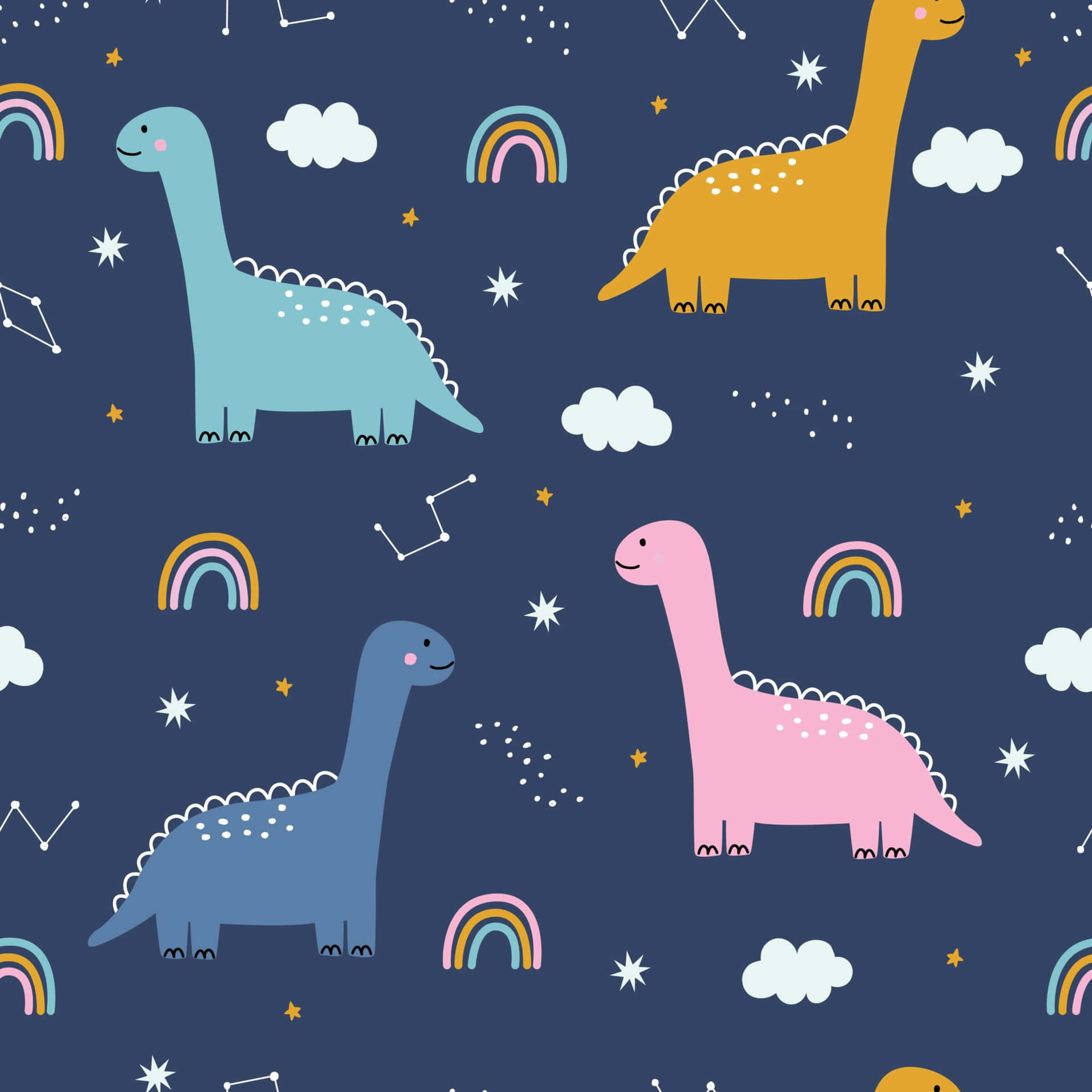 Cute Dinosaur 桌布 壁紙 — 可愛的卡通恐龍以柔和色彩漂浮在深藍色背景上的彩虹、雲朵、星星和星座之間。