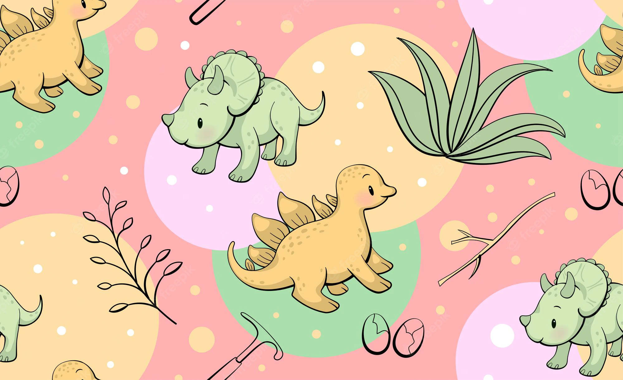 恐龍 桌布 壁紙 — 可愛的卡通恐龍和植物漂浮在粉彩圓圈上，搭配裂開的蛋和鎬子，形成有趣的圖案。
