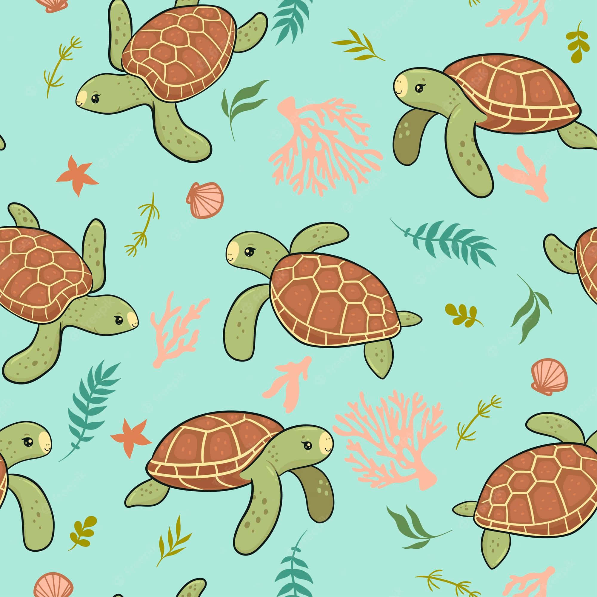 sea turtle 桌布 壁紙 — 可愛的卡通海龜在柔和的青綠色背景上，在珊瑚殼和海藻間游動。