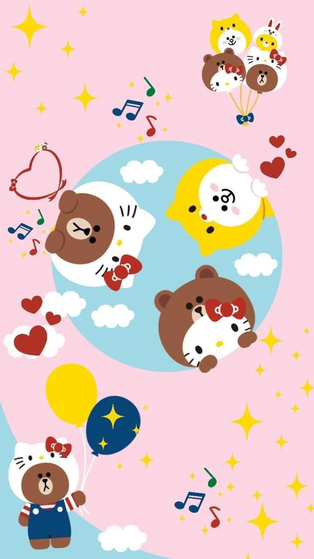 Hello Kitty And Friends 桌布 壁紙 — 可愛的卡通熊和貓在粉紅色的天空中漂浮，周圍有氣球、心形和音符。
