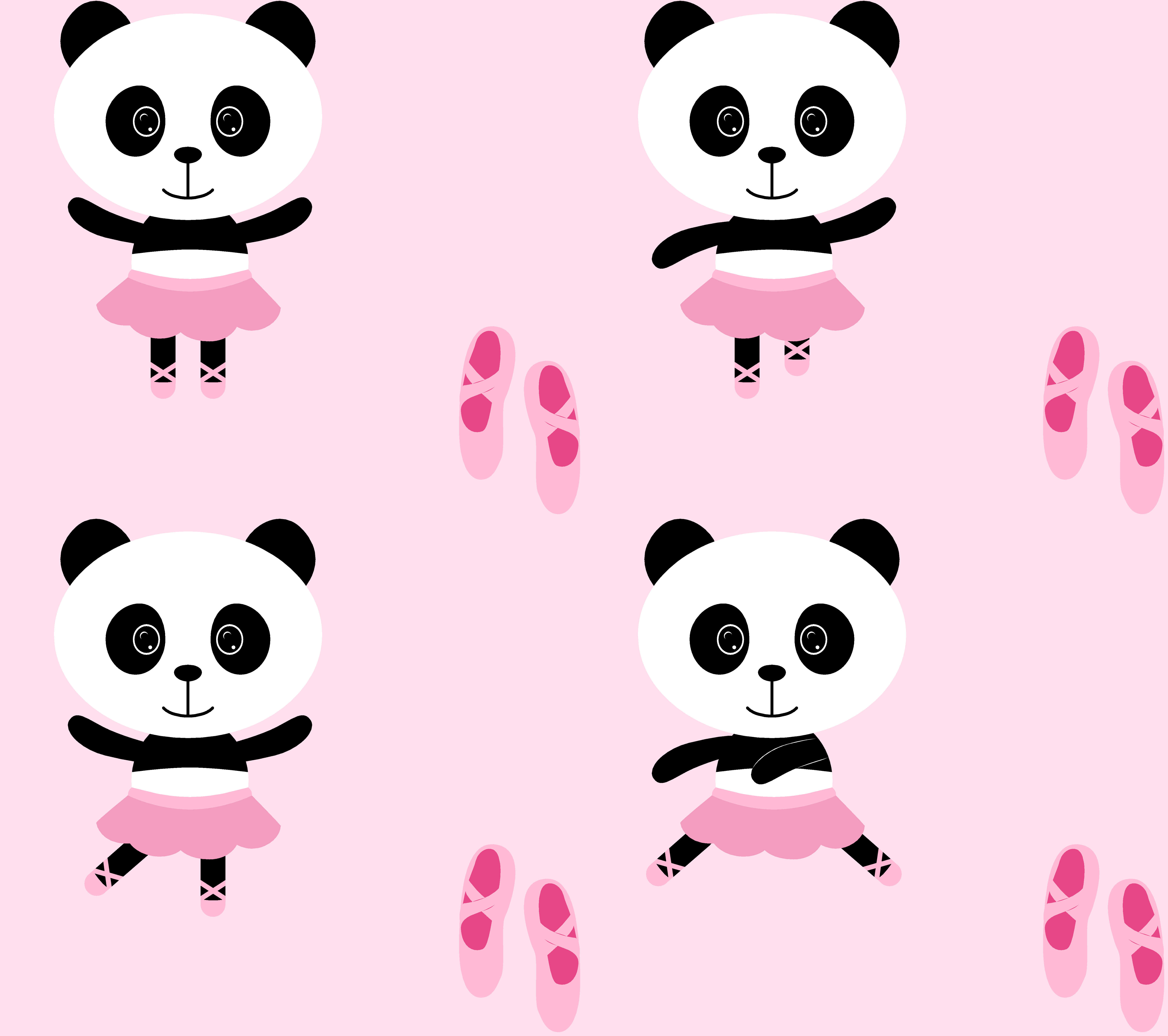 Kawaii Panda 桌布 壁紙 — 可愛的卡通熊貓穿著粉紅色芭蕾舞裙和芭蕾舞鞋，在柔和的粉紅色背景上快樂地跳舞。