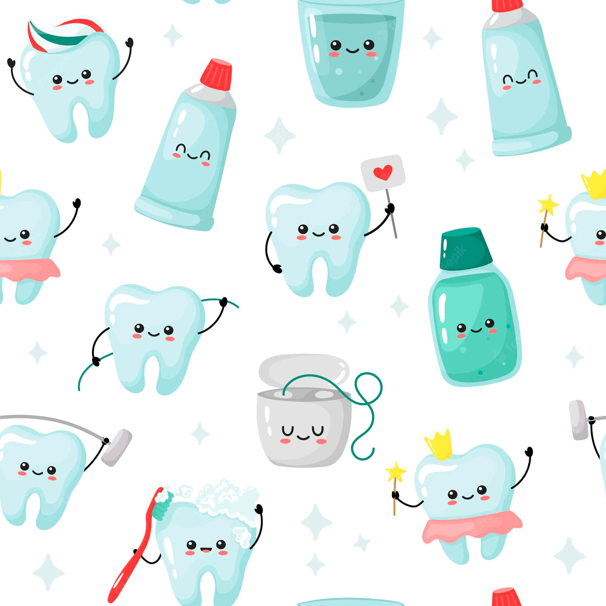 Tooth 桌布 壁紙 — 可愛的卡通牙齒和牙科產品，帶有笑臉和閃光，白色背景。