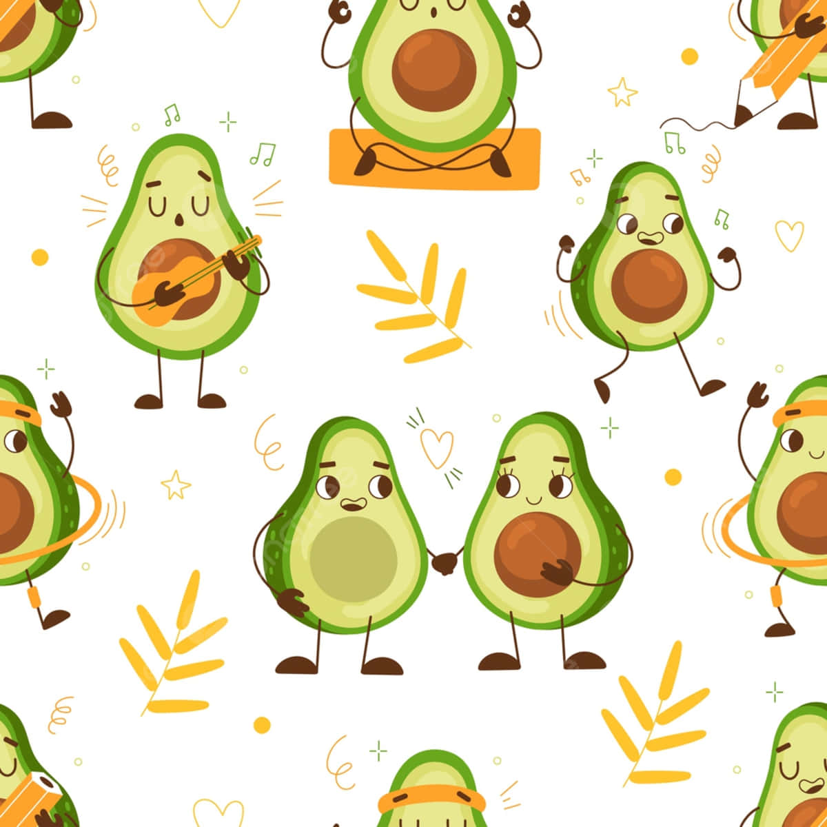 Cute Avocado 桌布 壁紙 — 可愛的卡通牛油果在一個歡快的重複圖案中跳舞、彈結他和冥想，配有黃色葉子和星星。
