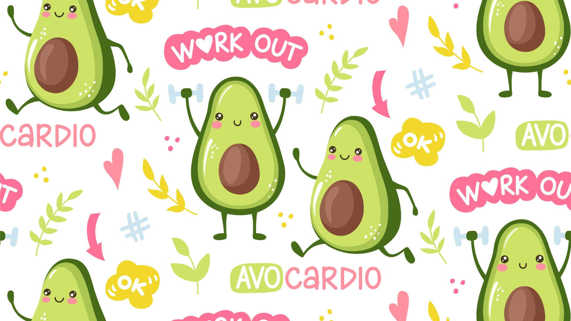 Cute Avocado 桌布 壁紙 — 可愛的卡通牛油果有手臂、腿和笑容，正在舉重並圍繞「AVOCARDIO」和「WORK OUT」等文字跳舞，背景為白色。