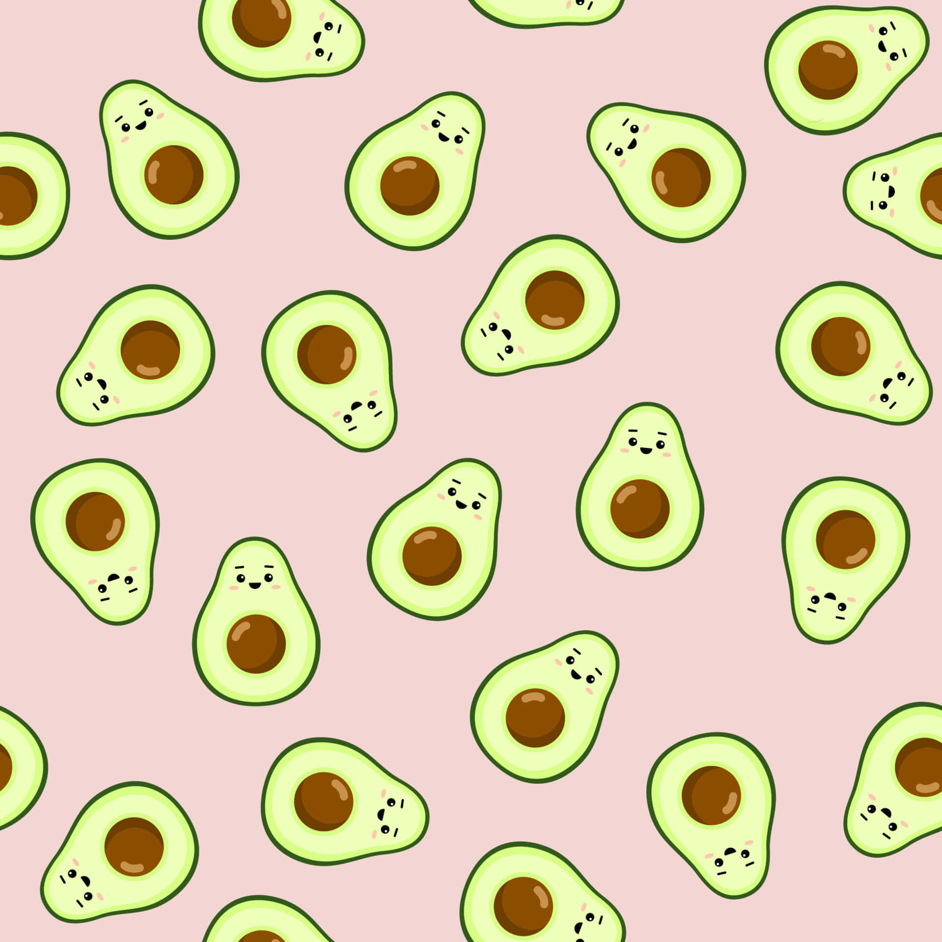 Cute Avocado 桌布 壁紙 — 可愛的卡通牛油果笑臉散佈在柔軟的粉紅色背景上，形成重複圖案。