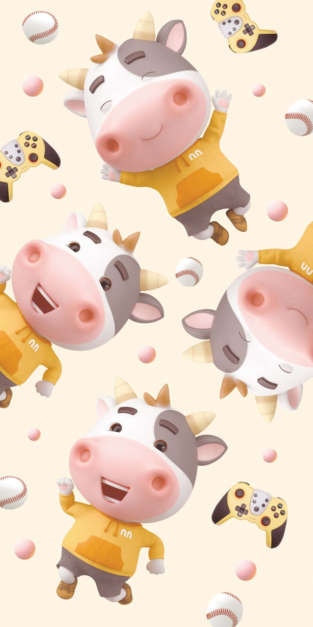 Kawaii Cute Cow 桌布 壁紙 — 可愛的卡通牛穿著黃色球衣，在棒球和遊戲控制器之間快樂地漂浮在柔軟的米色背景上。