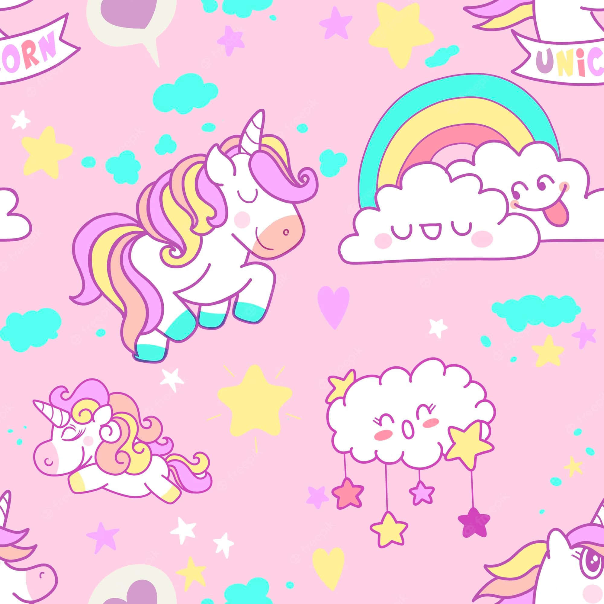 Pastel Unicorn 桌布 壁紙 — 可愛的卡通獨角獸和微笑的雲朵，伴隨著彩虹、星星和愛心，漂浮在粉彩粉紅色的背景上。