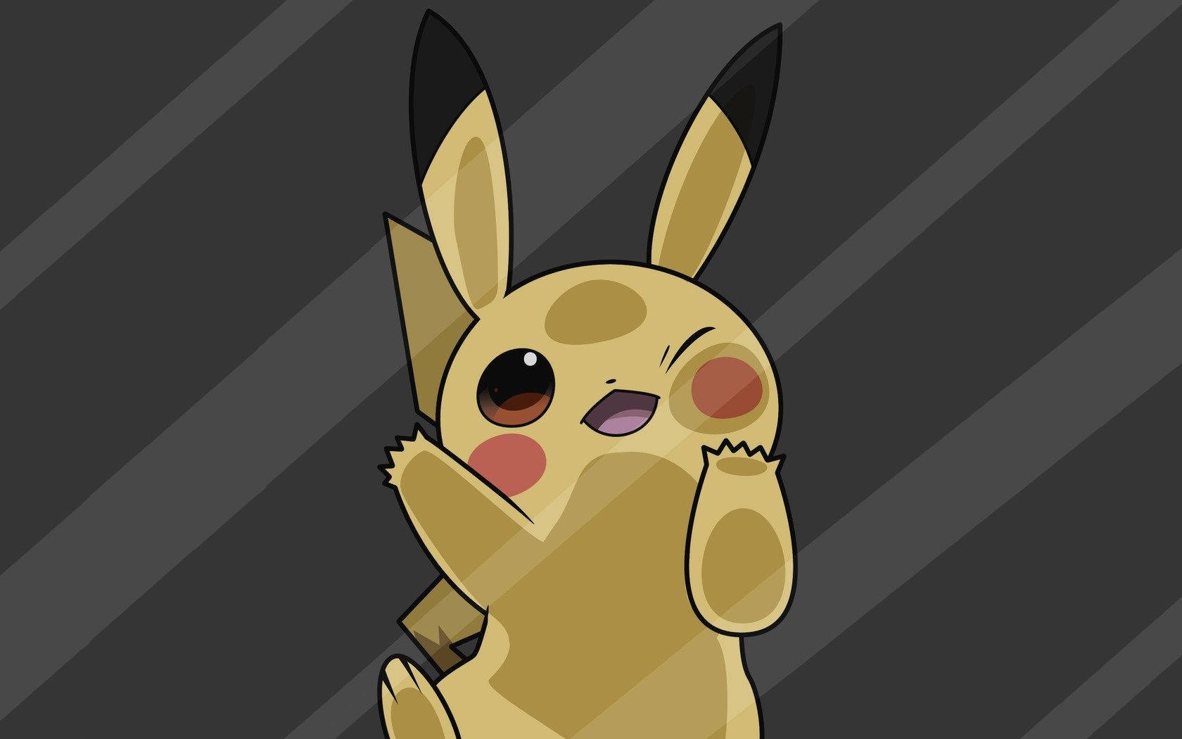 pikachu 3d 桌布 壁紙 — 可愛的卡通皮卡丘在深灰色斜紋背景上眨眼並揮動雙爪。