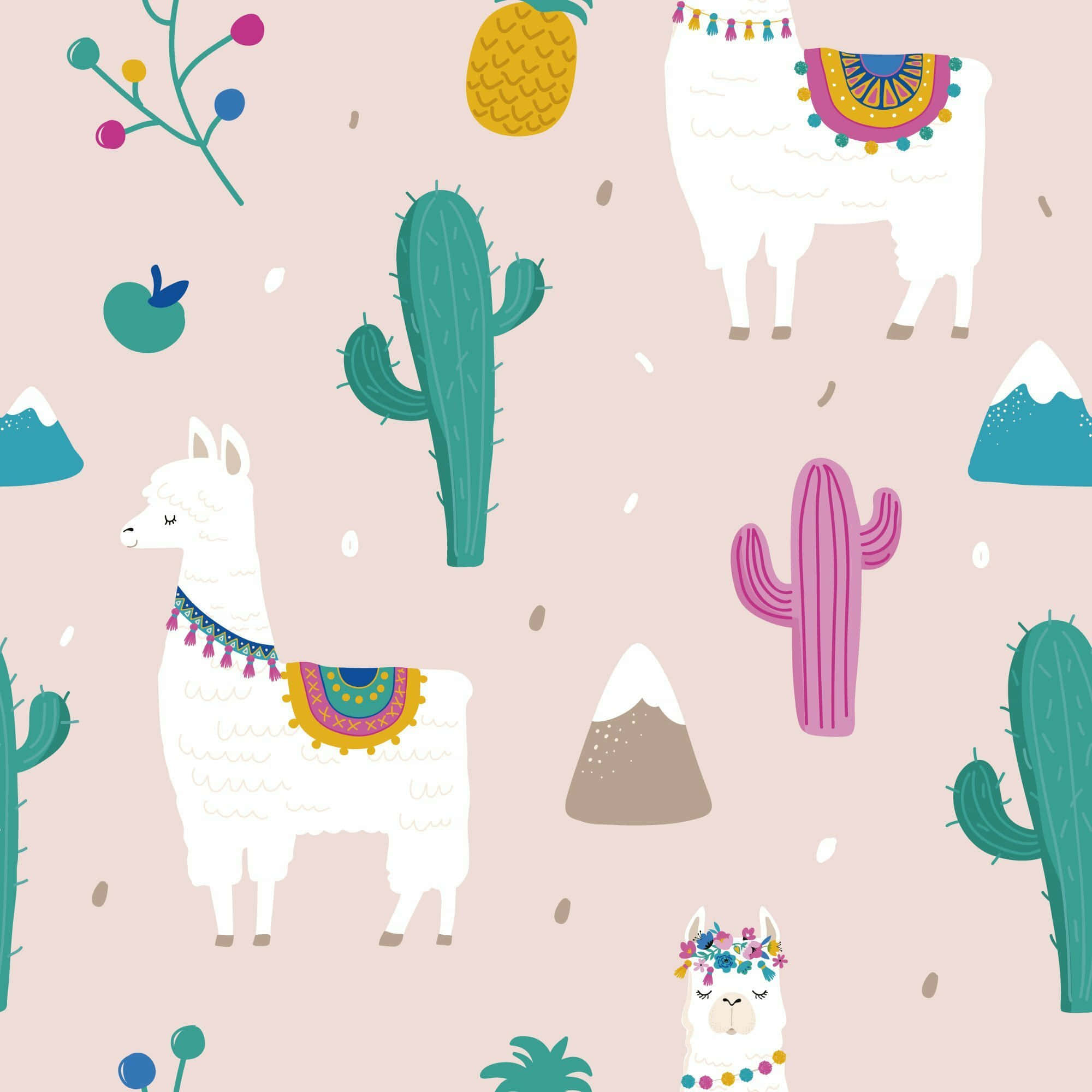Kawaii Llama 桌布 壁紙 — 可愛的卡通羊駝和仙人掌帶有彩色圖案，在柔和的粉紅色背景上漂浮，並帶有異想天開的沙漠元素。