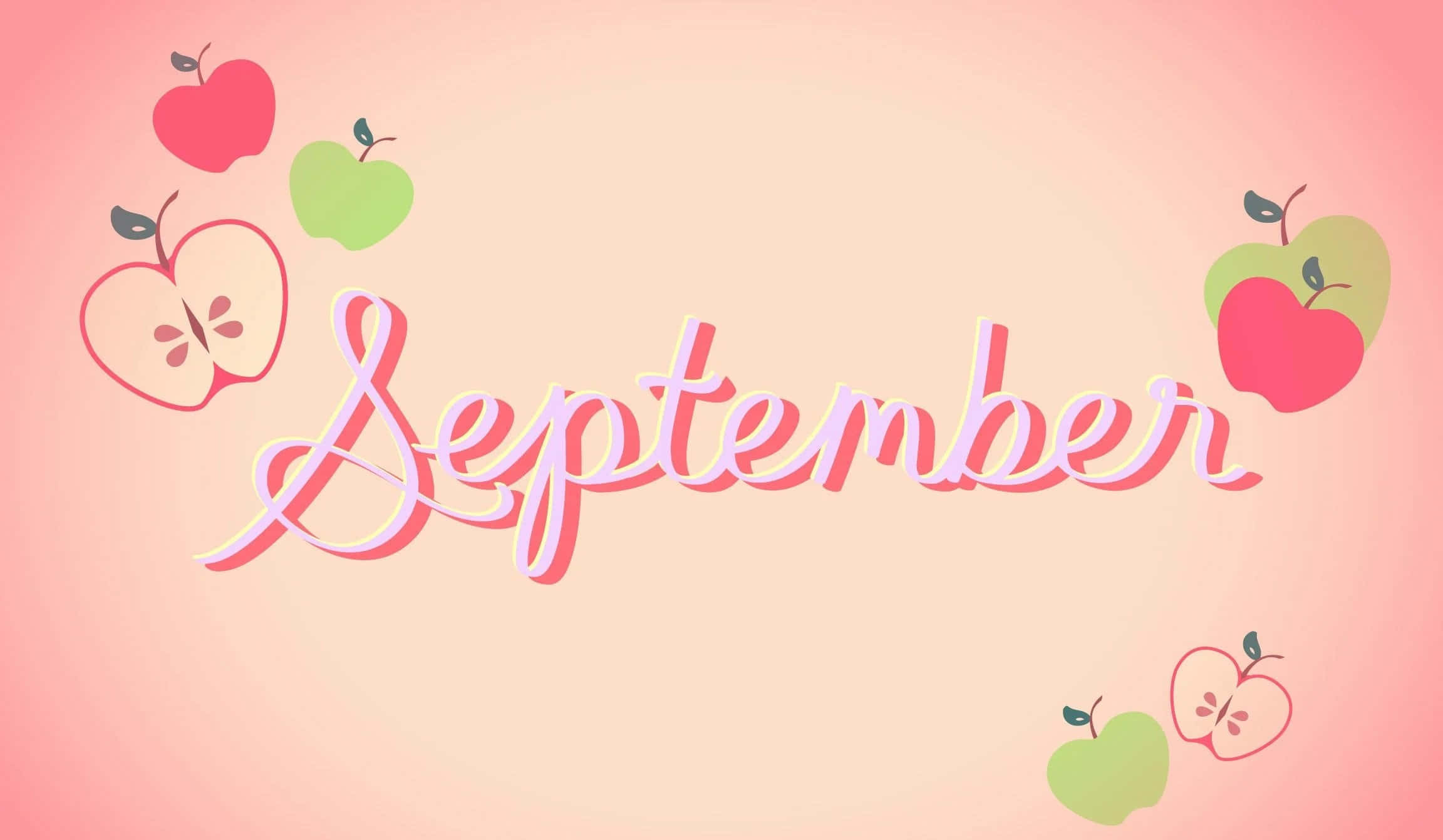 九月 桌布 壁紙 — 可愛的卡通蘋果圍繞著「September」這個詞，採用柔和的粉紅色和蜜桃色調。