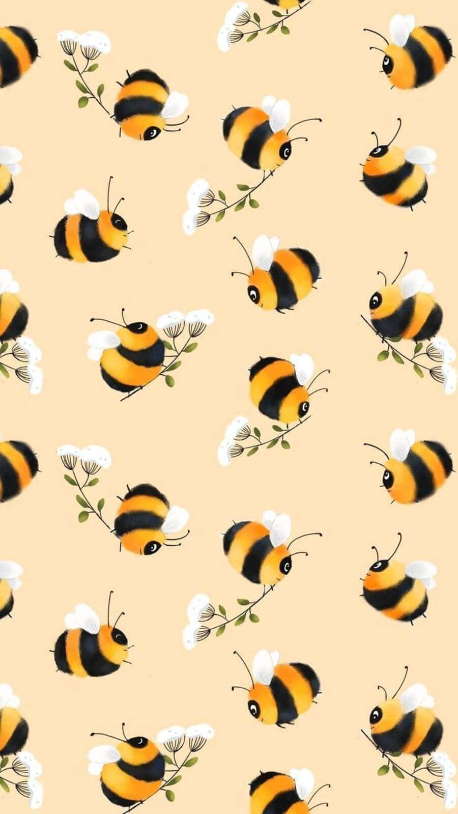 Aesthetic Bee 桌布 壁紙 — 可愛的卡通蜜蜂，帶有黑色和黃色條紋，在柔和的米色背景上靠近精緻的白色花朵盤旋。