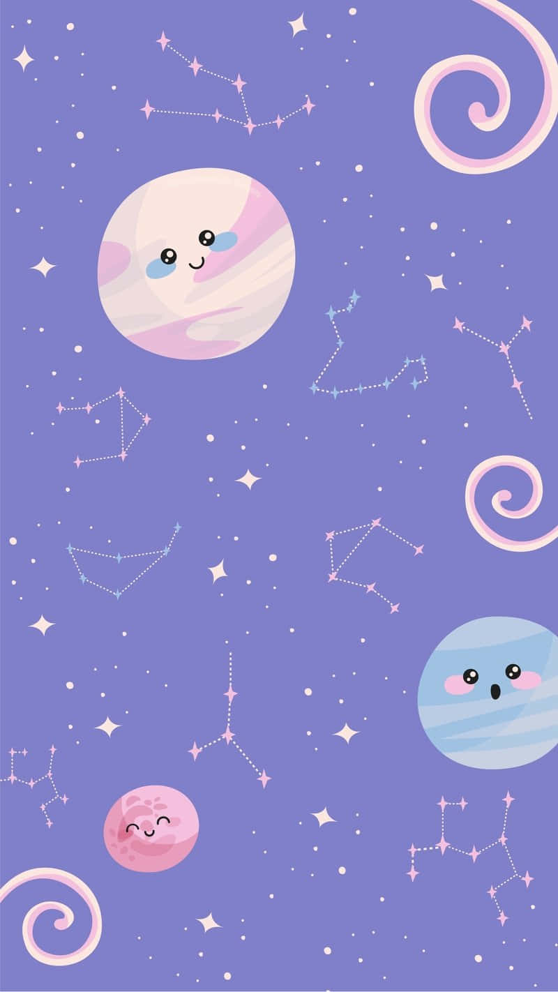 Constellations 桌布 壁紙 — 可愛的卡通行星帶著笑臉在柔和的紫色背景上漂浮在星星和星座之間。