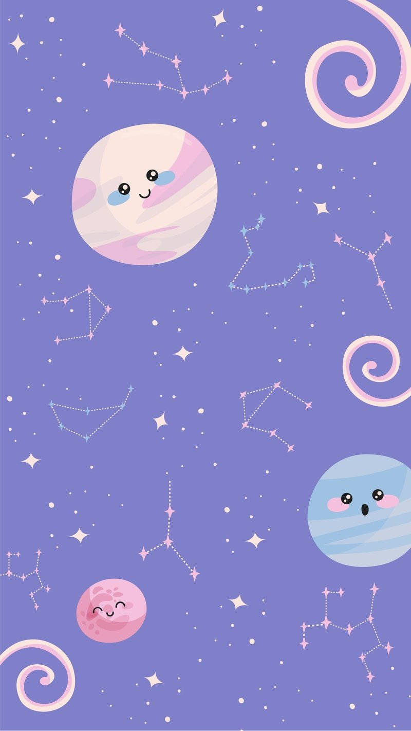 銀河 桌布 壁紙 — 可愛的卡通行星帶著笑臉漂浮在星星和星座之間，背景是柔和的紫色。