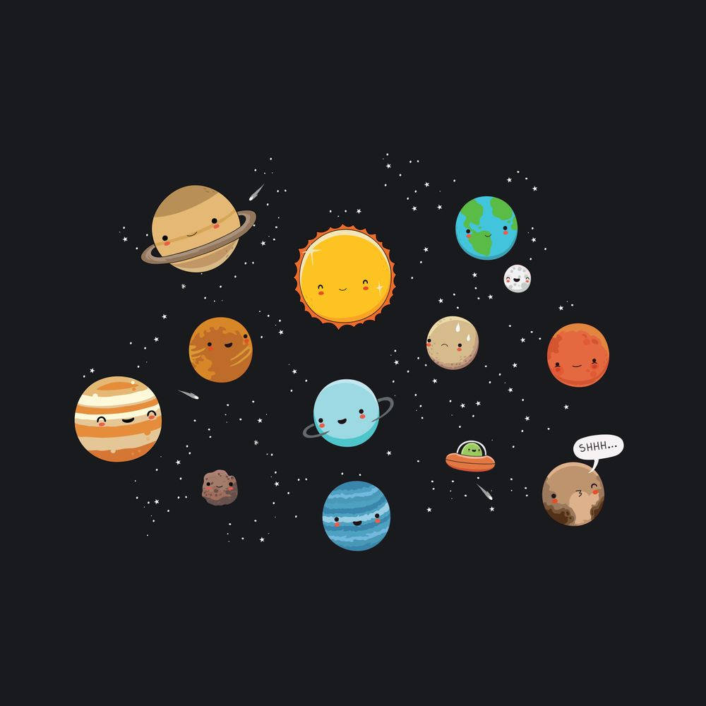Solar System HD 桌布 壁紙 — 可愛的卡通行星有臉孔漂浮在星空夜空中，一個在噓聲，而UFO飛過。