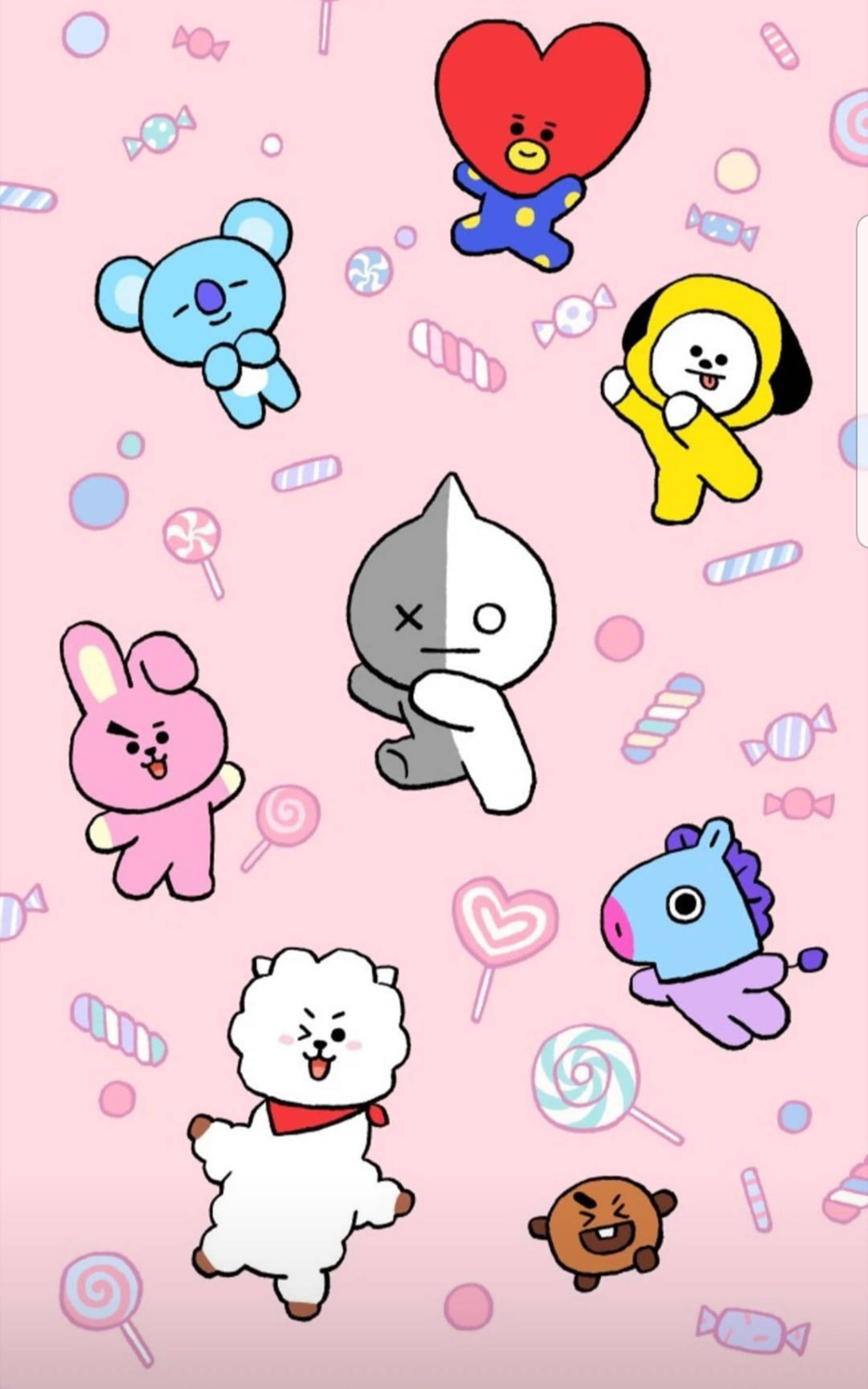 BT21 桌布 壁紙 — 可愛的卡通角色在柔和的粉紅色背景上漂浮在糖果漩渦和心形之間。