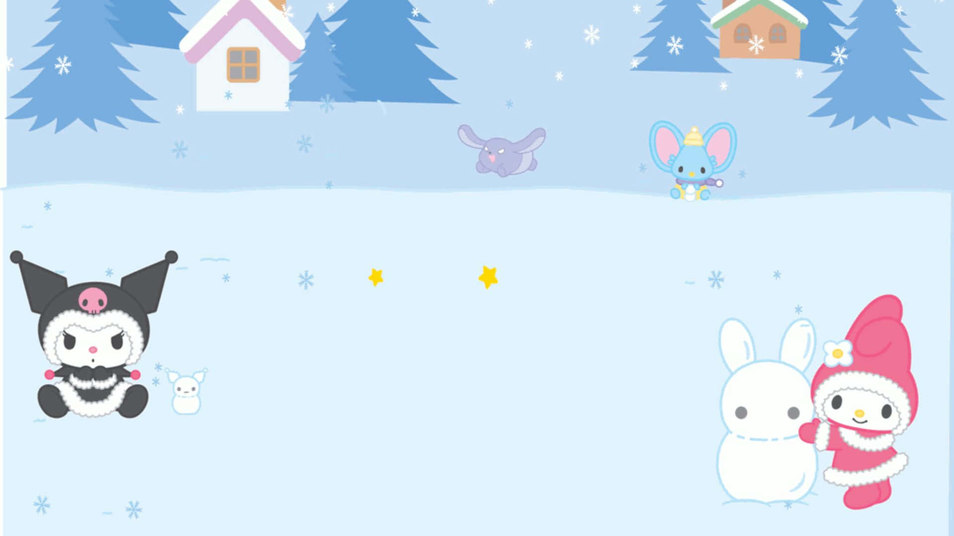 Kuromi Christmas 桌布 壁紙 — 可愛的卡通角色在雪景中玩耍，有房屋和松樹，雪花飄落。