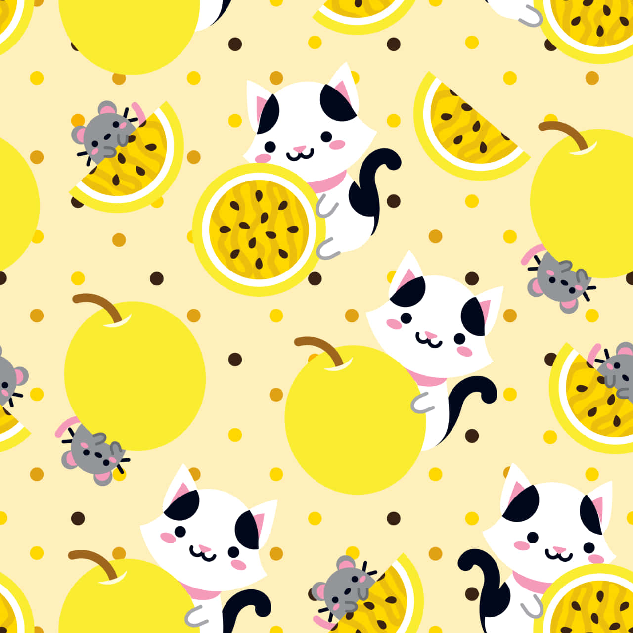 Kawaii Fruit 桌布 壁紙 — 可愛的卡通貓咪和老鼠從黃色柑橘類水果中頑皮地探出頭來，背景是圓點圖案。