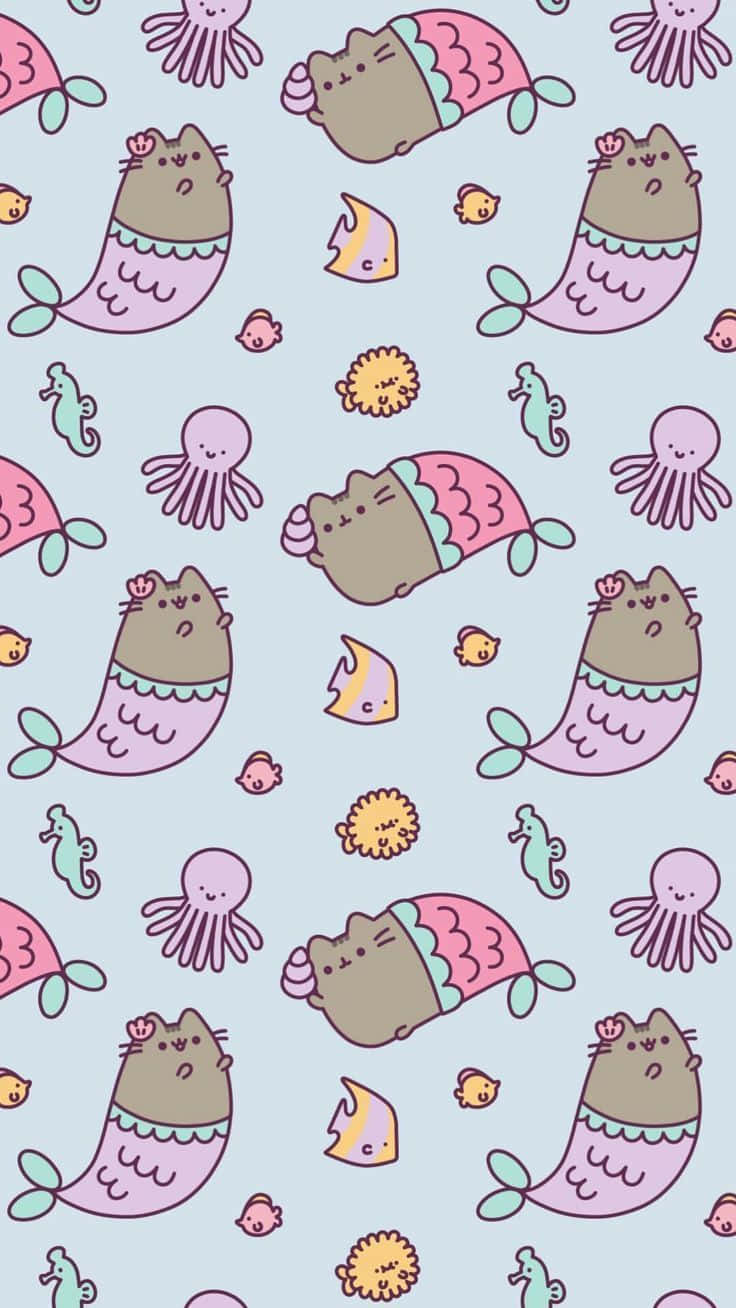 Kawaii Pusheen 桌布 壁紙 — 可愛的卡通貓咪帶著美人魚尾巴在柔和的藍色背景上與水母和海馬一起游泳。