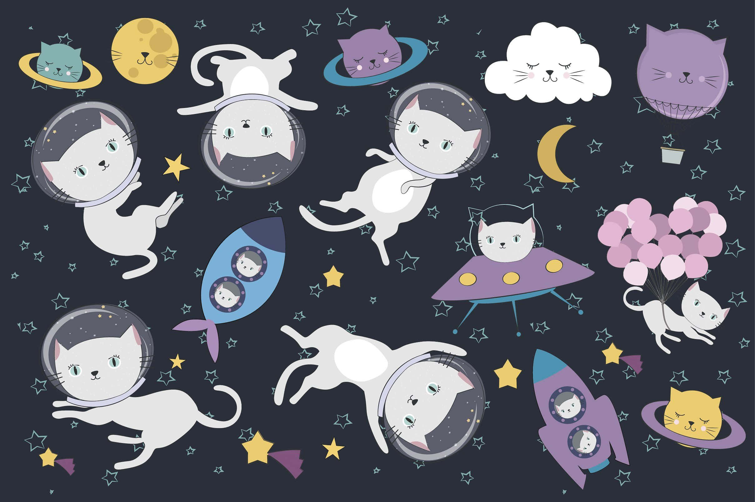 Kawaii Space 桌布 壁紙 — 可愛的卡通貓咪穿著太空衣、乘坐火箭和UFO，在黑暗的宇宙背景中漂浮於星星之間。