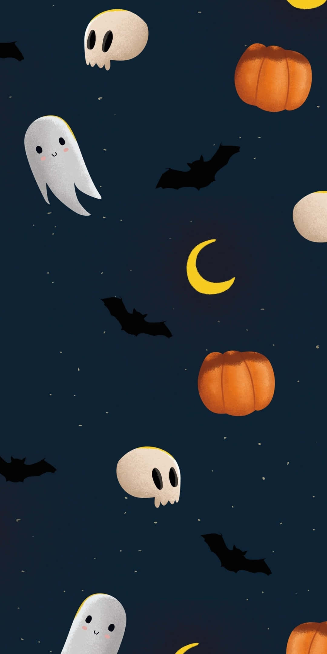 Halloween Phone 桌布 壁紙 — 可愛的卡通鬼魂、南瓜和蝙蝠在黑暗的夜空中漂浮，伴隨著新月和星星。