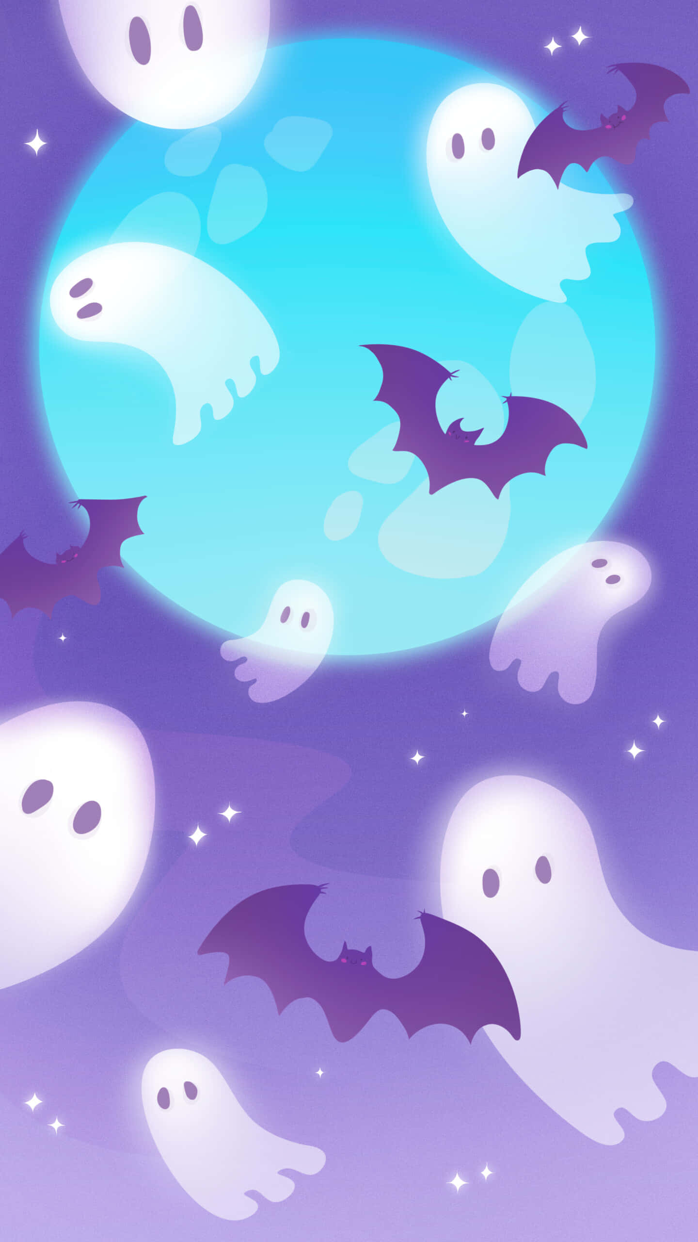Halloween Phone 桌布 壁紙 — 可愛的卡通鬼魂和蝙蝠在星光燦爛的紫色天空中圍繞著發光的藍色月亮漂浮。