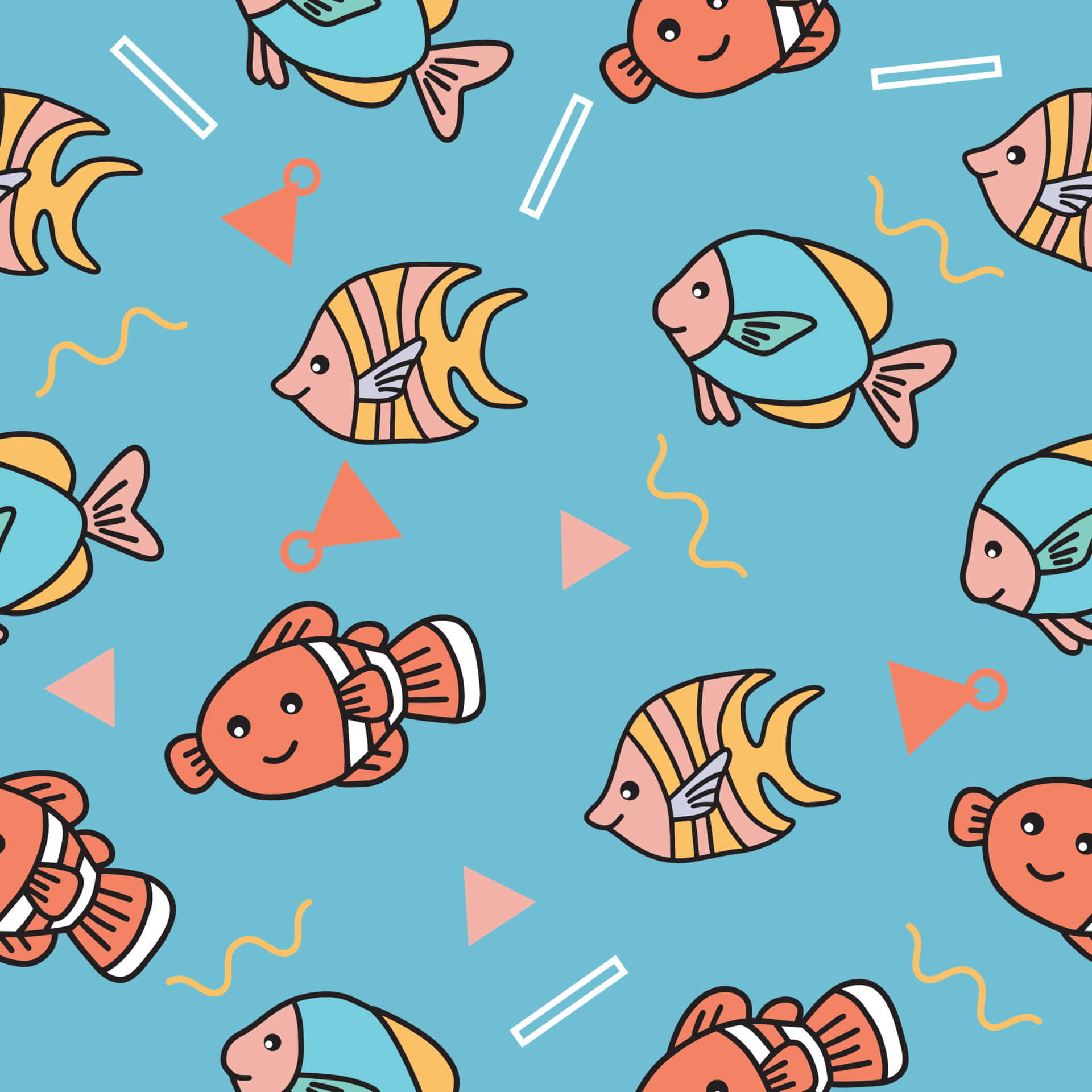 Kawaii Sea Creatures 桌布 壁紙 — 可愛的卡通魚帶有幾何形狀，在淺藍色背景上以俏皮的重複圖案游動。
