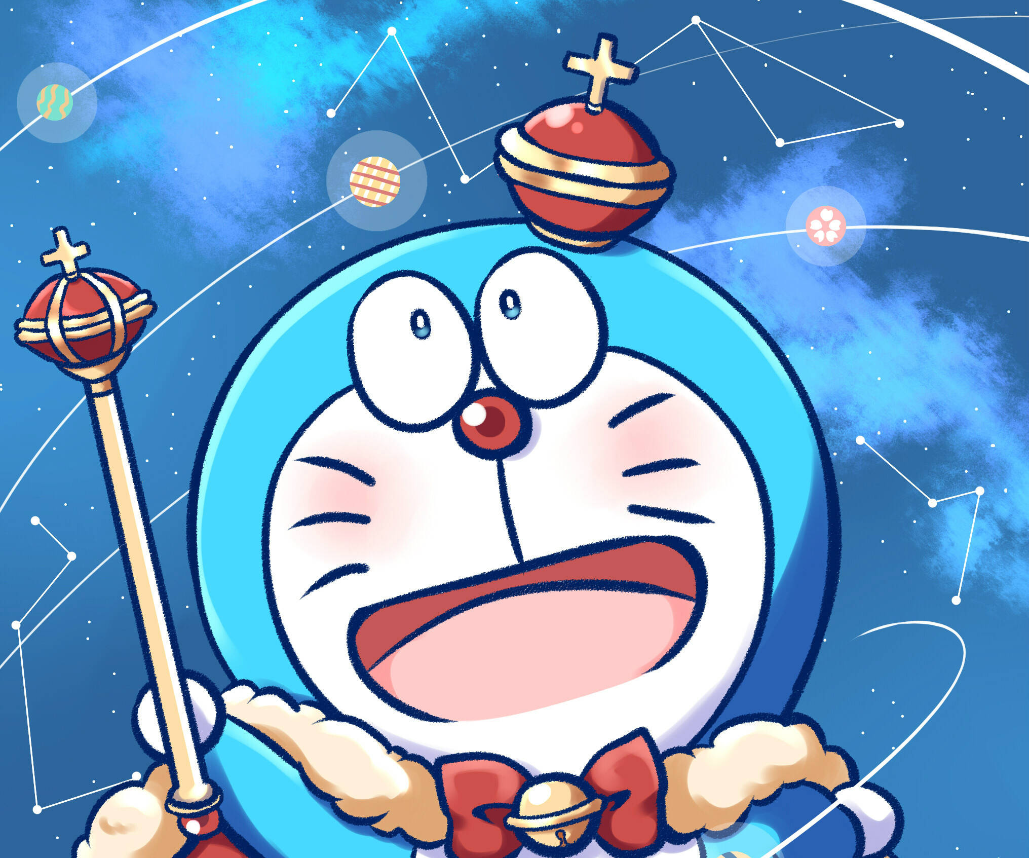 可愛的哆啦A夢皇家太空 壁紙 — 多啦A夢在太空手持權杖，周圍漂浮著行星和星座。