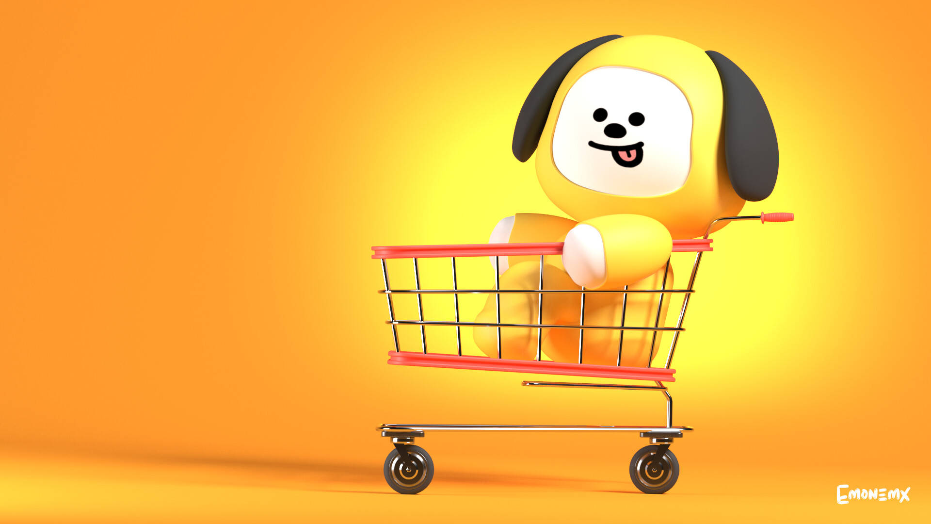 可愛的奇米 BT21 玩耍時的模樣！ 壁紙 — 一隻快樂的黃色卡通狗，黑色耳朵，開心坐在紅色購物車內，背景是溫暖的橙色漸變。