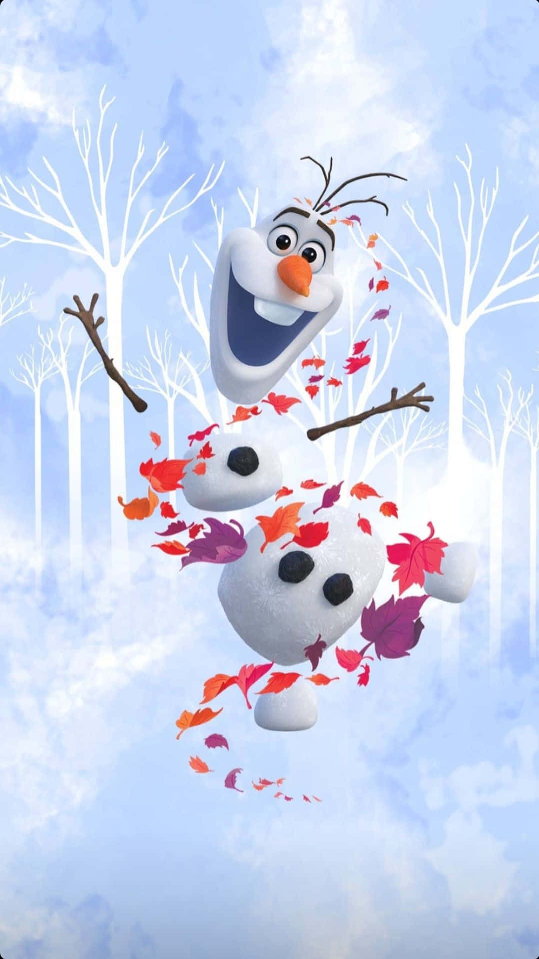 可愛的奧拉夫給你最溫暖的擁抱！ 壁紙 — 一個快樂的雪人，樹枝手臂，在秋葉旋轉環繞下，對著淡藍色天空和光禿樹木大笑。
