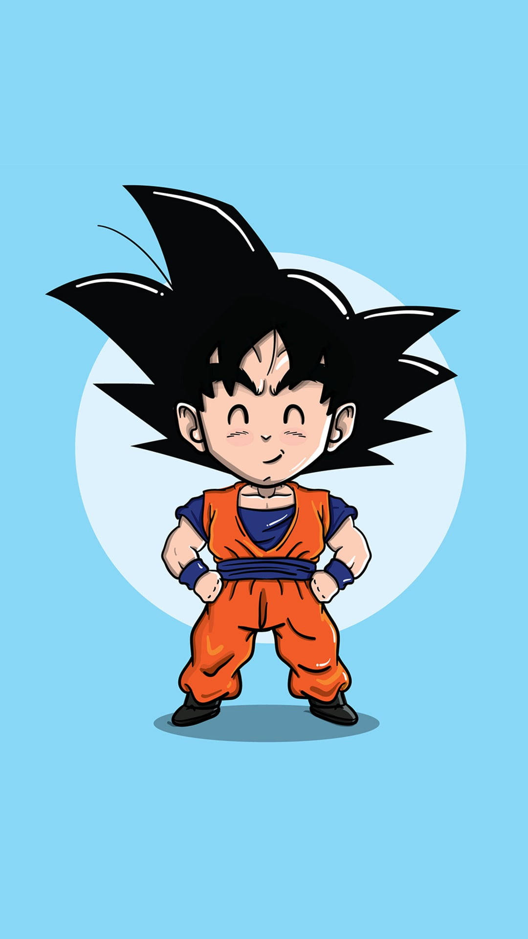 Chibi Goku 身穿橙色道服微笑，黑色刺蝟頭，藍色背景