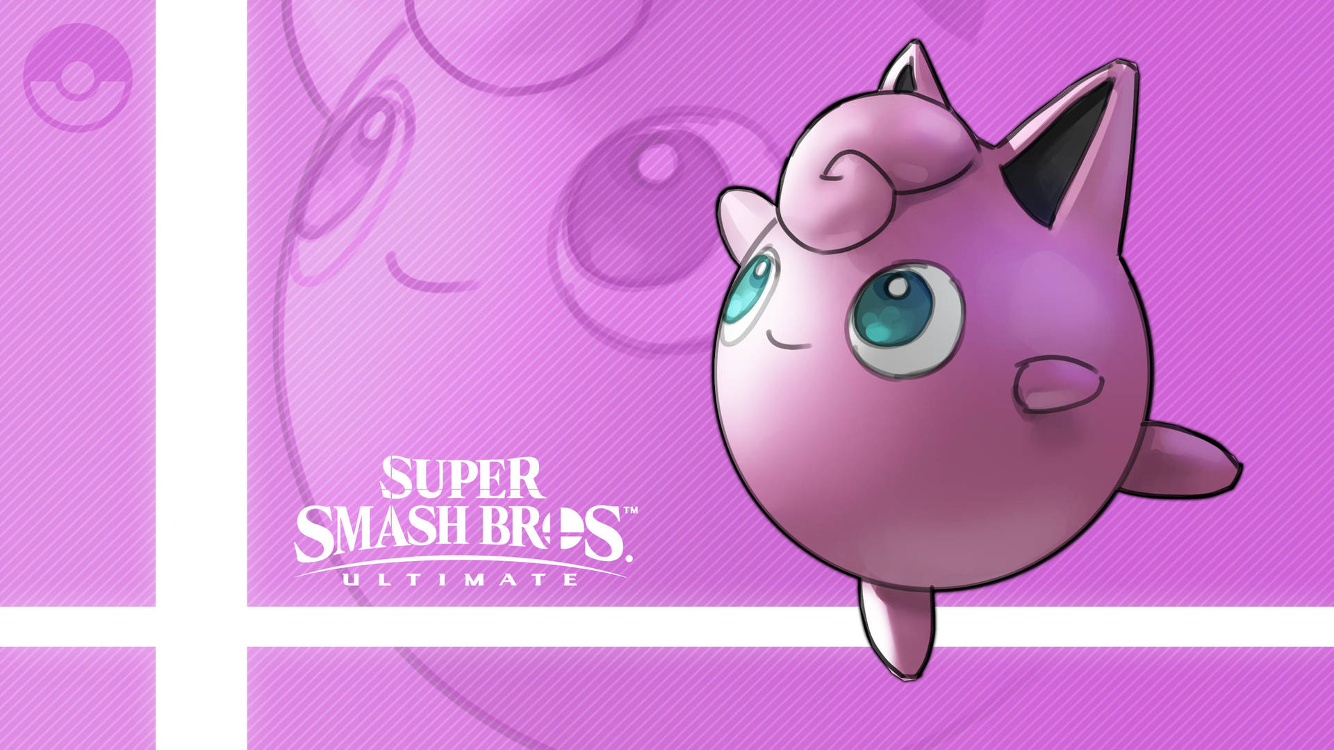 來自Super Smash Bros Ultimate的Jigglypuff，背景為紫色。