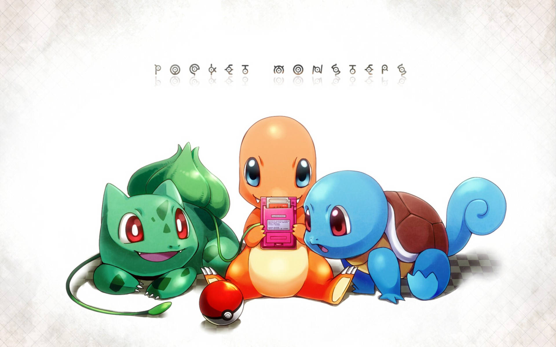 可愛的寶可夢初代三隻寶可夢 壁紙 — 三隻可愛嘅寶可夢 Bulbasaur Charmander 同 Squirtle 挨喺一齊，Charmander 揸住一個 Pokédex，附近仲有個 Pokéball。
