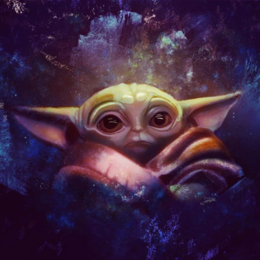 嬰兒尤達裹著斗篷，背景為宇宙星空