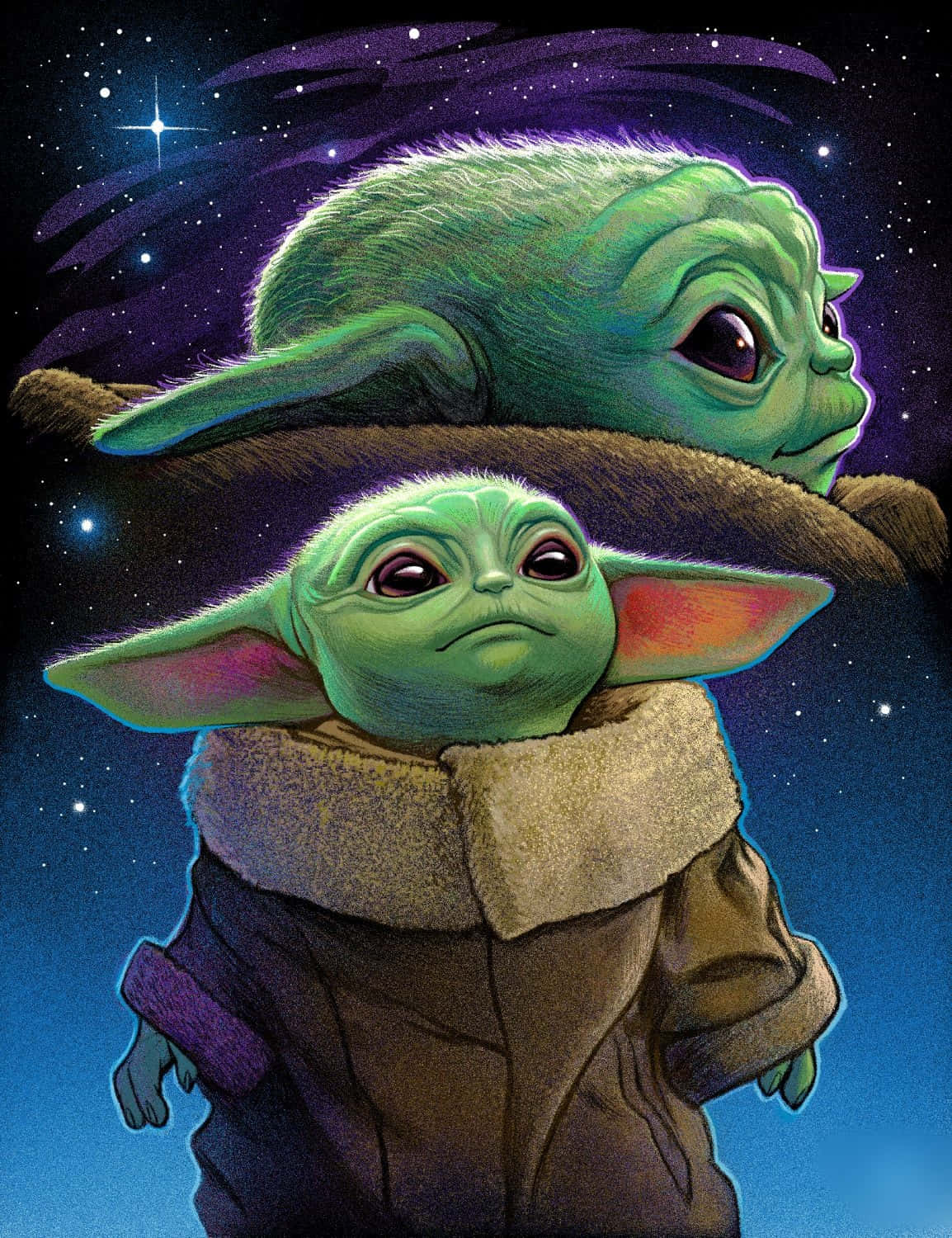 兩個 baby yoda 角色在星空太空場景中穿著棕色外套。