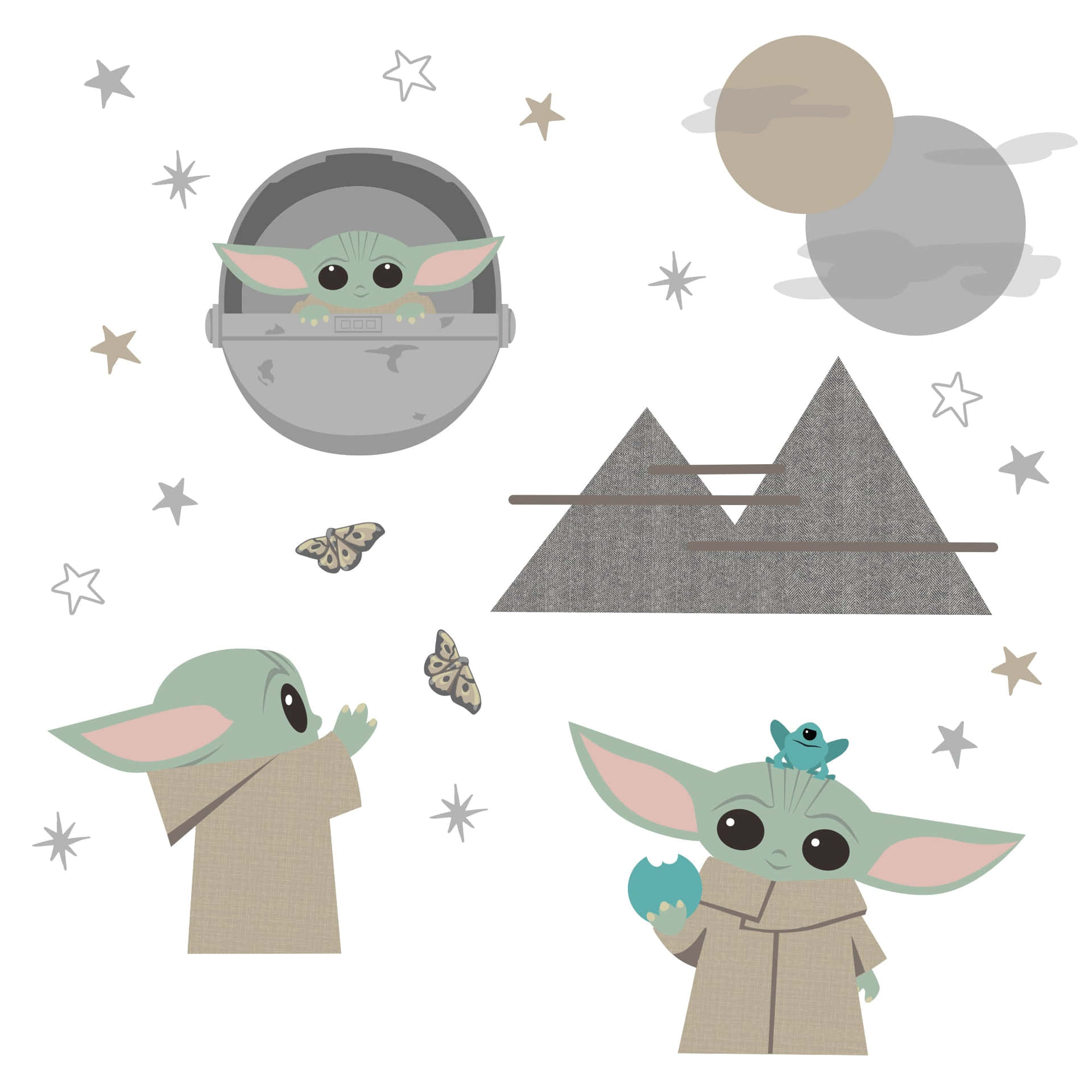 Baby Yoda 在星空場景中，有星星、月亮、蝴蝶和山脈