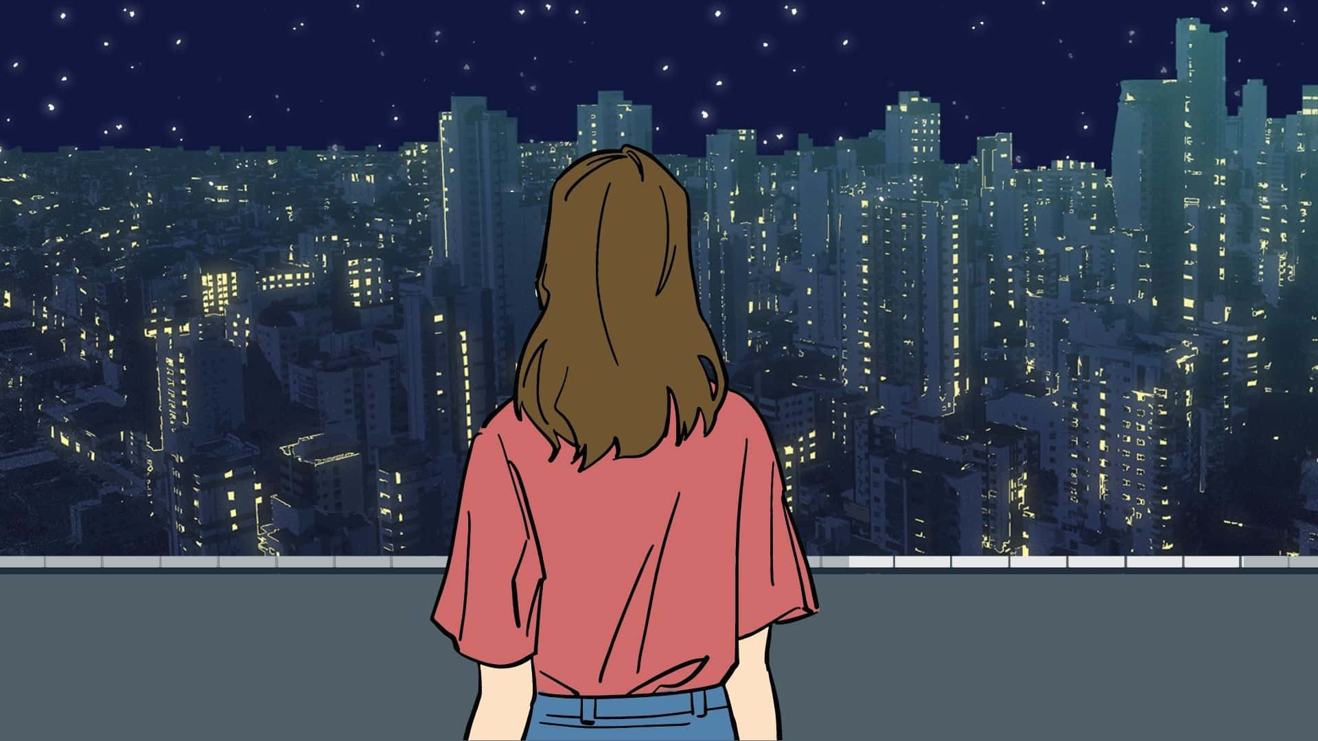 穿著粉紅色襯衫的女人站在屋頂上，俯瞰星空下夜晚發光的城市