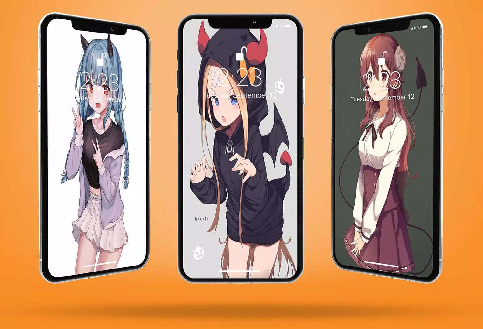 三部手機在橙色背景上顯示帶有惡魔角的動漫女孩作為壁紙。