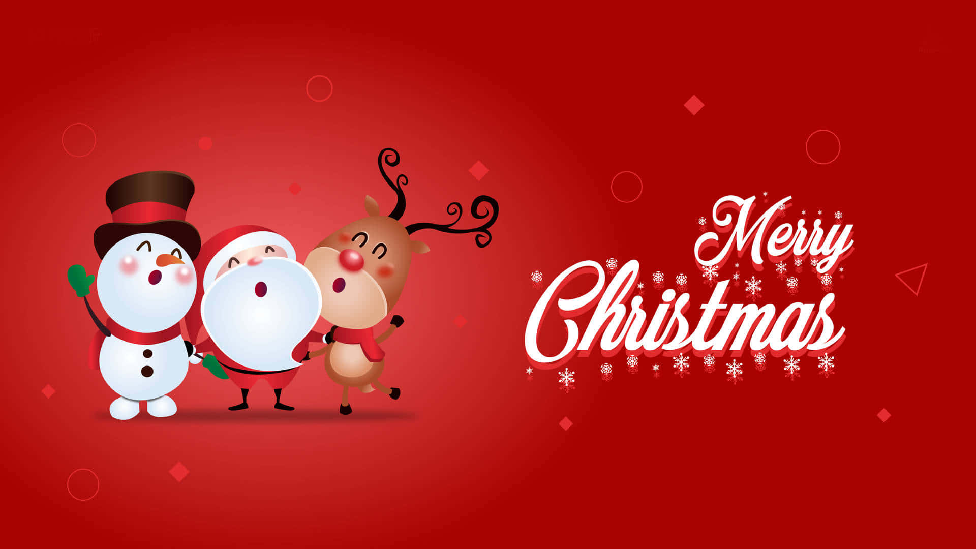 三個卡通聖誕角色雪人聖誕老人和馴鹿跳舞，帶有merry christmas文字。