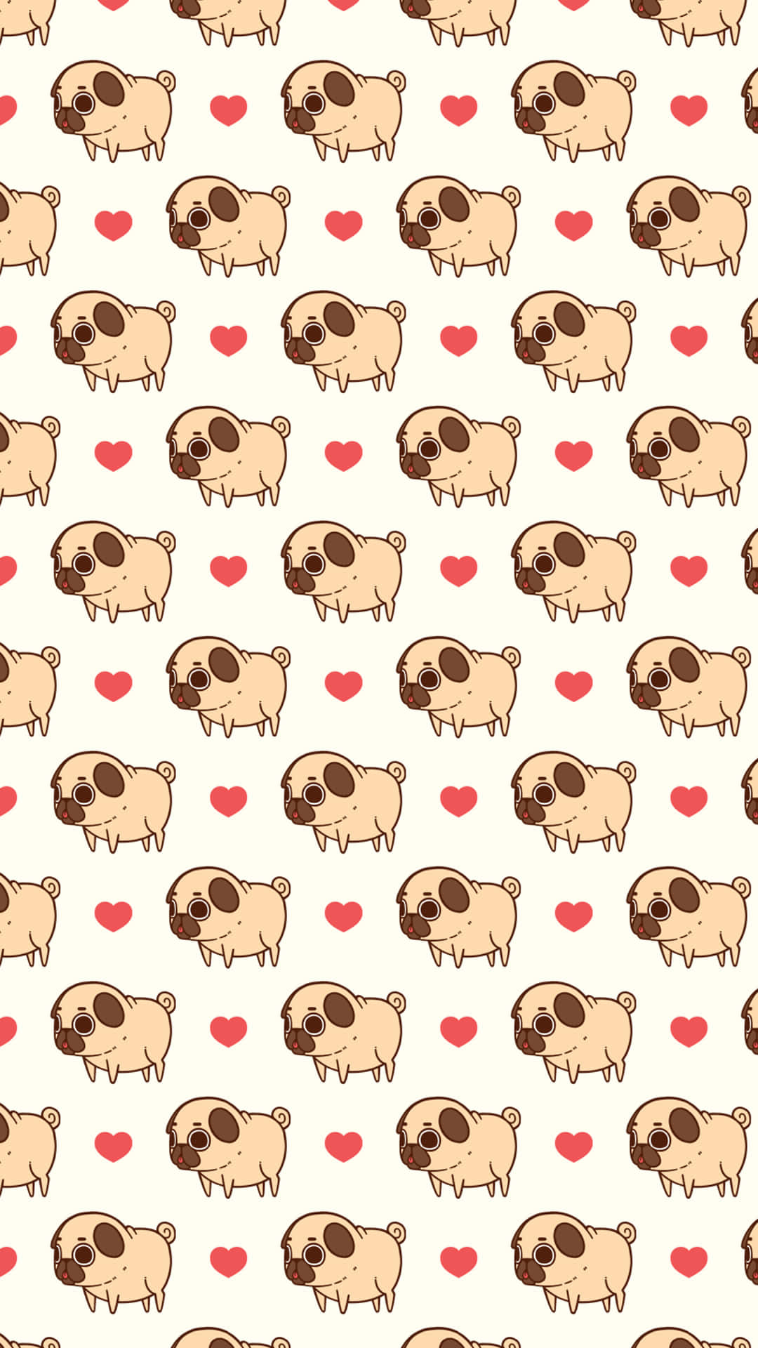 Kawaii Dog 桌布 壁紙 — 可愛的巴哥犬幼犬配上心形圖案，在柔和的奶油色背景上形成重複的可愛圖案。