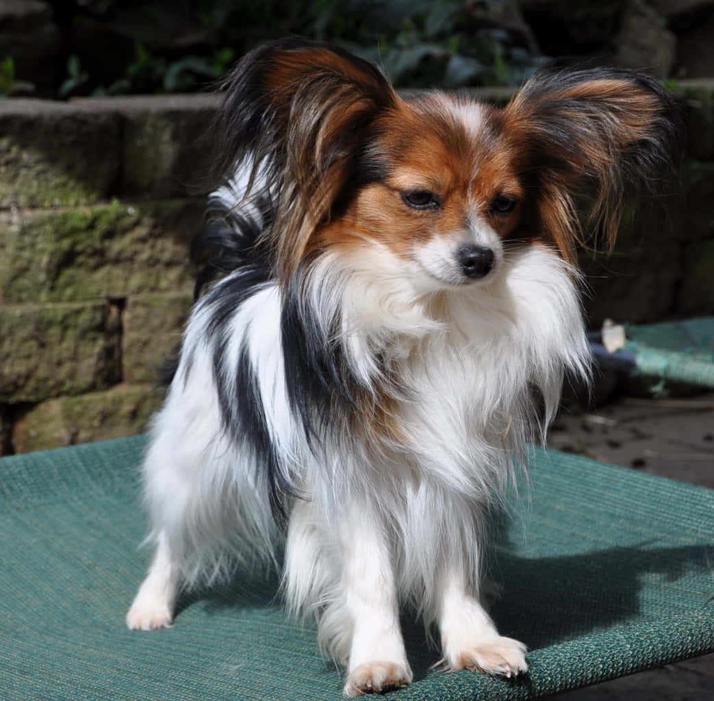 可愛的帕皮龍犬站在墊子上 壁紙 — 一隻毛茸茸的蝴蝶犬，長耳朵，白色、棕色和黑色的毛髮，警覺地坐在綠色戶外地墊上。