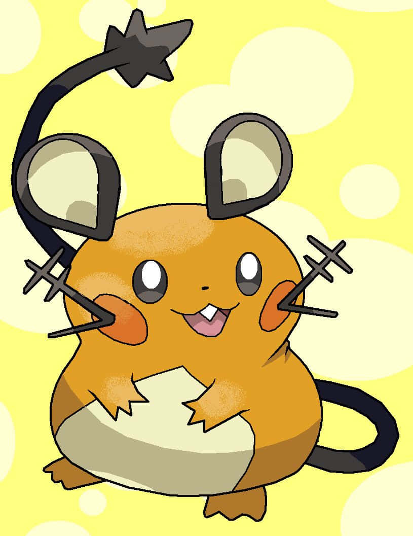 可愛的帝蒂尼黃色背景藝術 壁紙 — 一隻開心嘅卡通老鼠Pokémon，有黑色閃電尾巴，交叉手臂，背景係黃色泡泡。