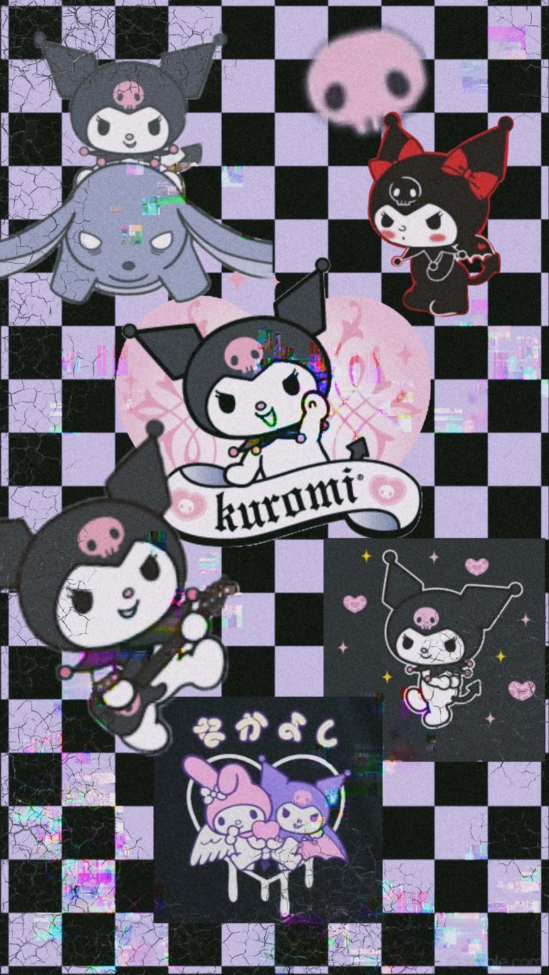 Kuromi 和朋友動漫角色，背景是帶有愛心和骷髏的故障格子圖案。