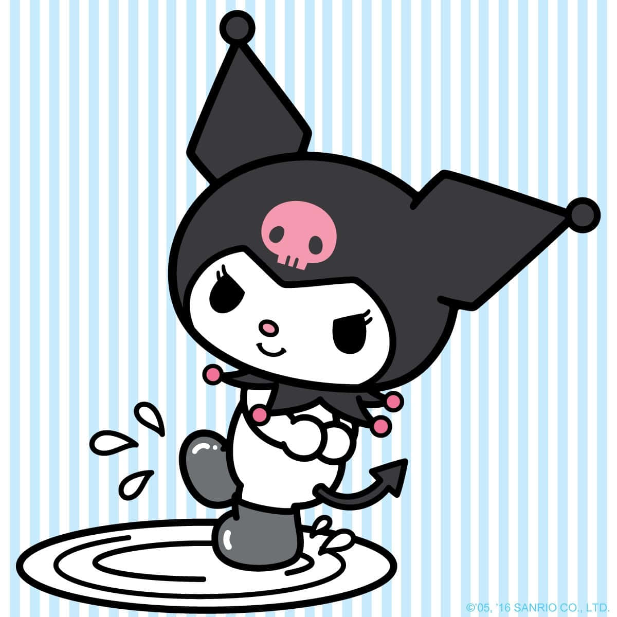 Kuromi 在條紋背景的水坑中潑水。
