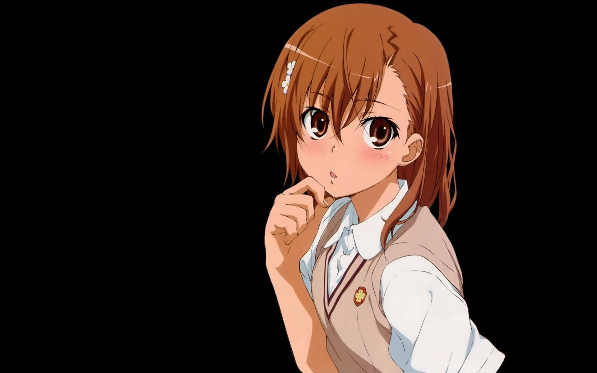 穿著校服、棕色頭髮、臉紅的動漫女孩若有所思地看著觀眾。