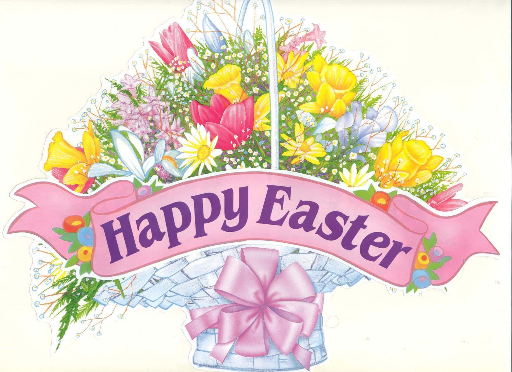裝滿色彩繽紛花朵和帶有 Happy Easter 橫幅的粉紅色蝴蝶結的復活節籃子。