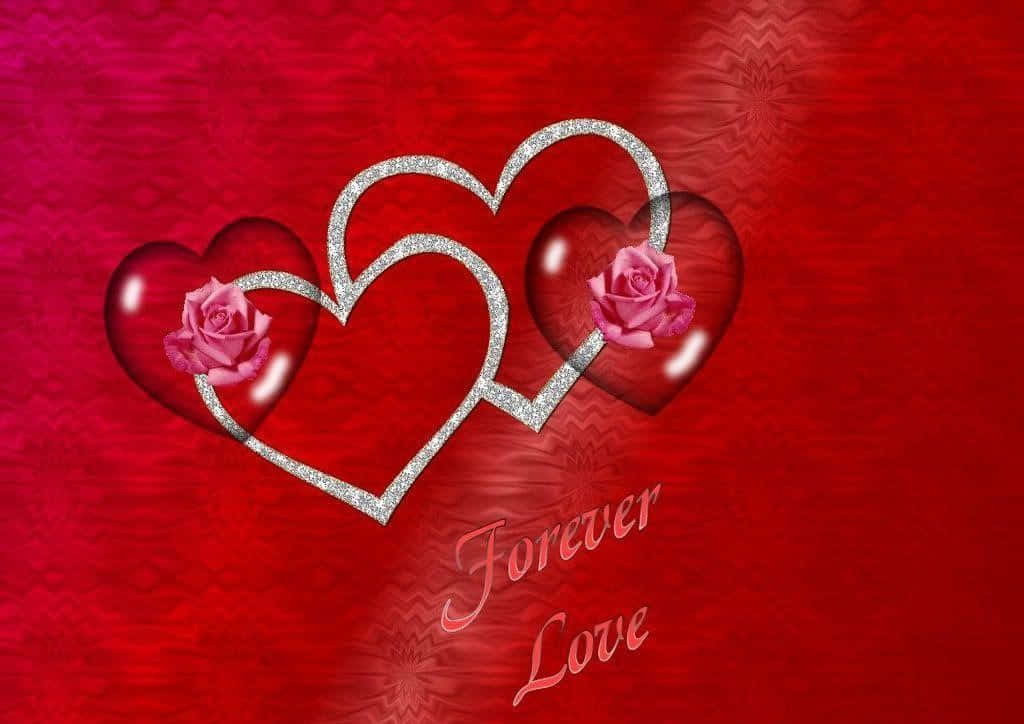 兩個心形配玫瑰和閃爍輪廓，紅色背景上有 Forever Love 文字。