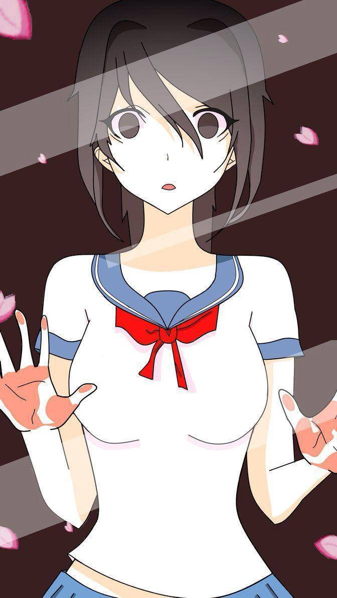 可愛的愛織綾音《病嬌模擬器》 壁紙 — 穿著水手服的動漫女孩在黑暗背景下，在飄落的櫻花中做出和平手勢。