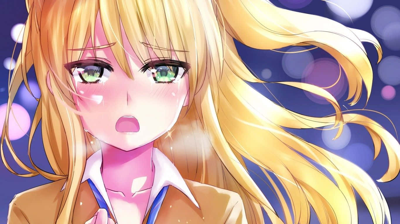 可愛的愛葉柚柑橘 壁紙 — 一個驚訝的動漫女孩，長長的金髮和綠色的眼睛，在紫色散景背景前臉紅。