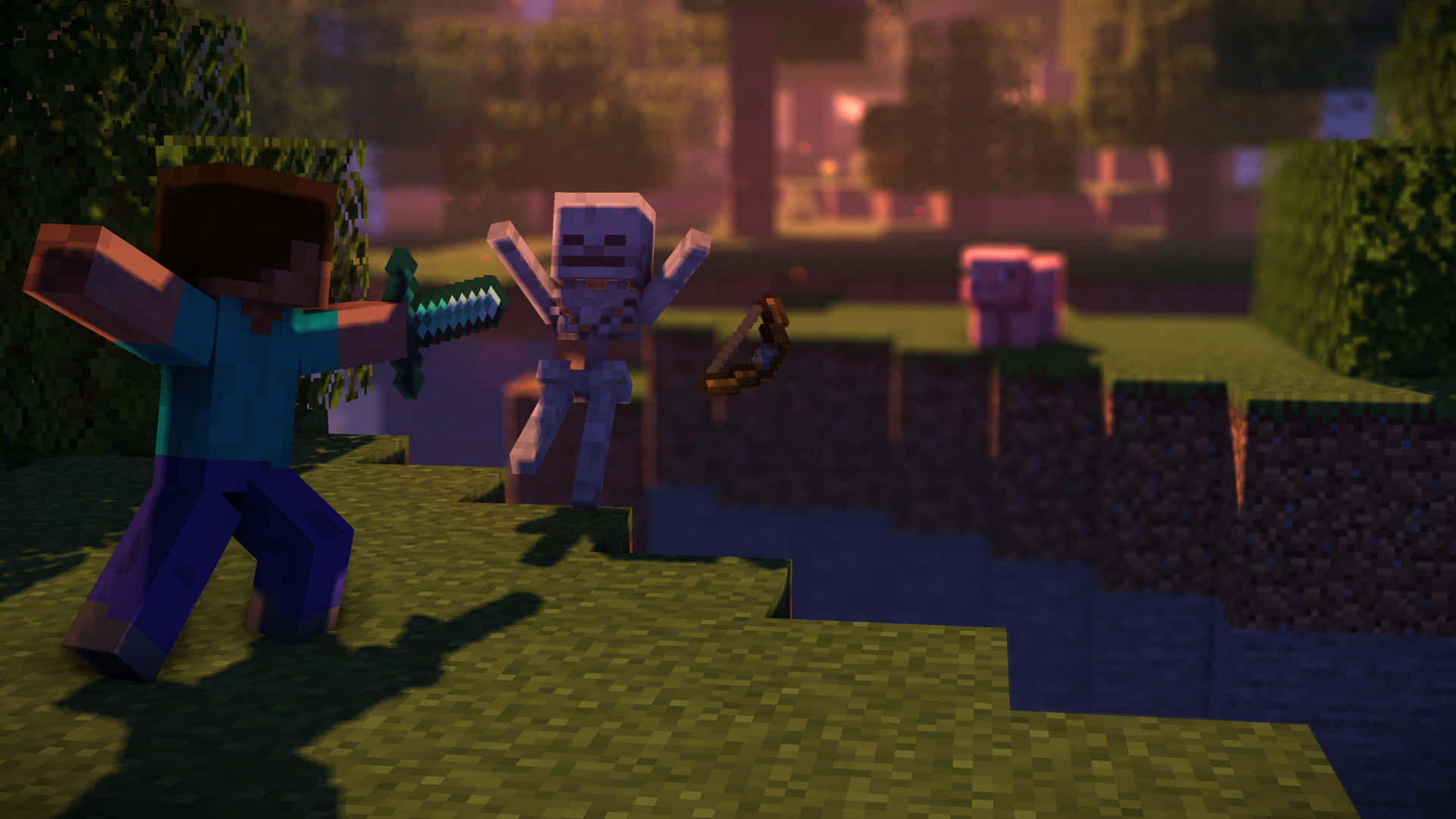 Minecraft 玩家在像素化草地上與骷髏戰鬥。